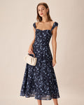 Navy Floral Sweetheart Neck Midi Dress