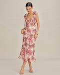 Pink Floral Ruffle Tie Strap Midi Dress