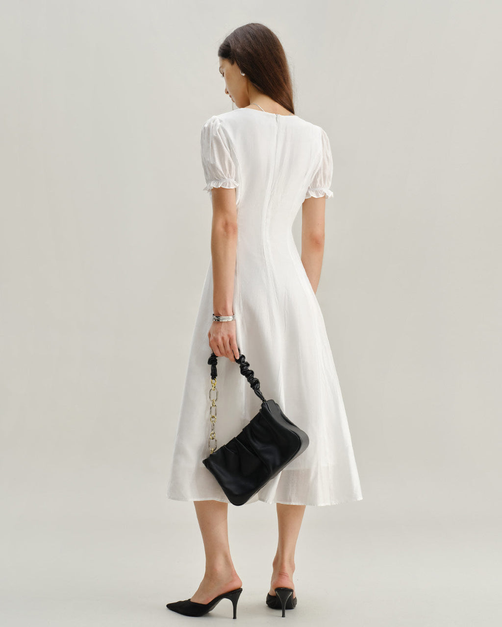 White Puffed Sleeve V Neck Midi Dress