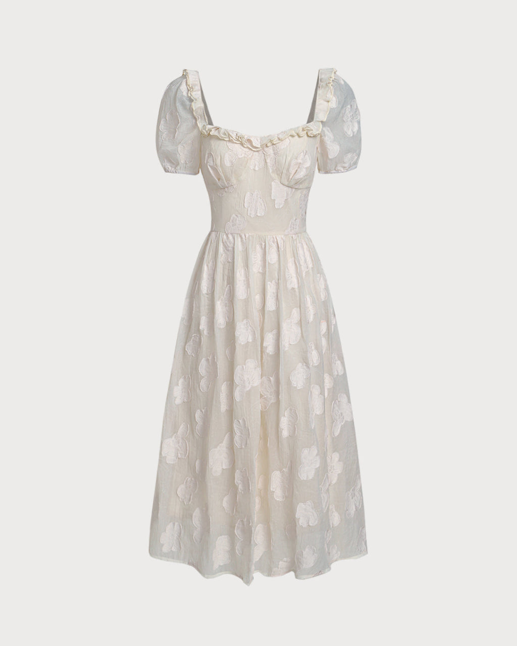 Beige Square Neck Puffed Sleeve Midi Dress