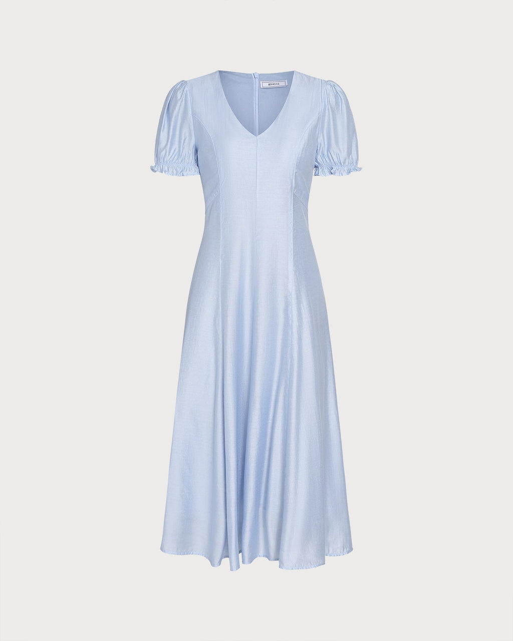 Blue V Neck Sheer Zipper Midi Dress