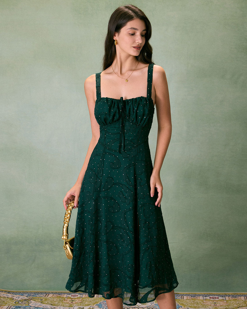 The Green Square Neck Jacquard Slit Midi Dress