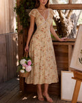 Yellow Butterfly Sleeve Tie Floral Midi Dress