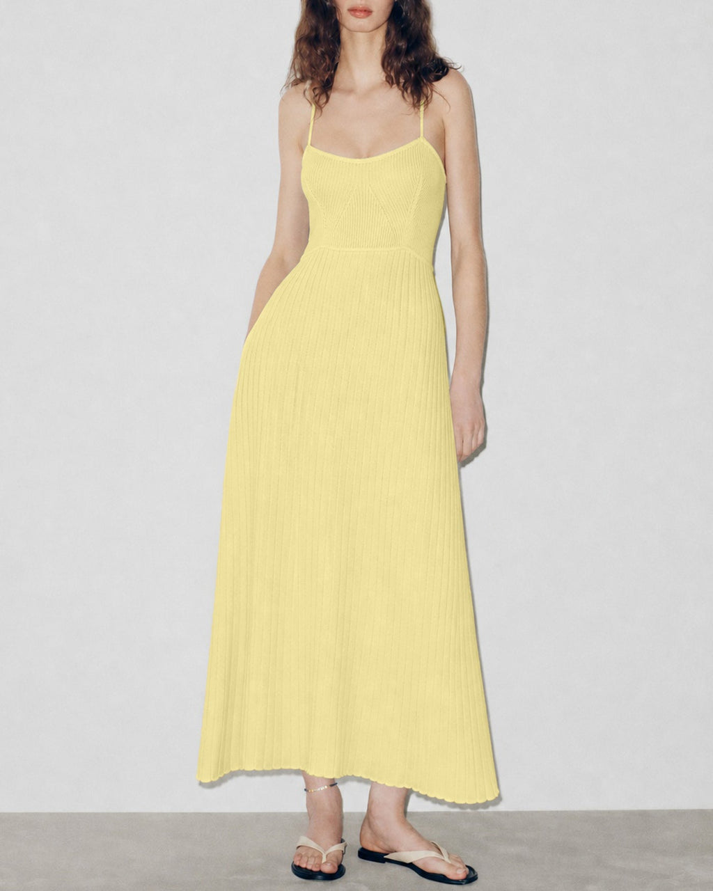 Yellow Textured Slip Sweater Midi Dress