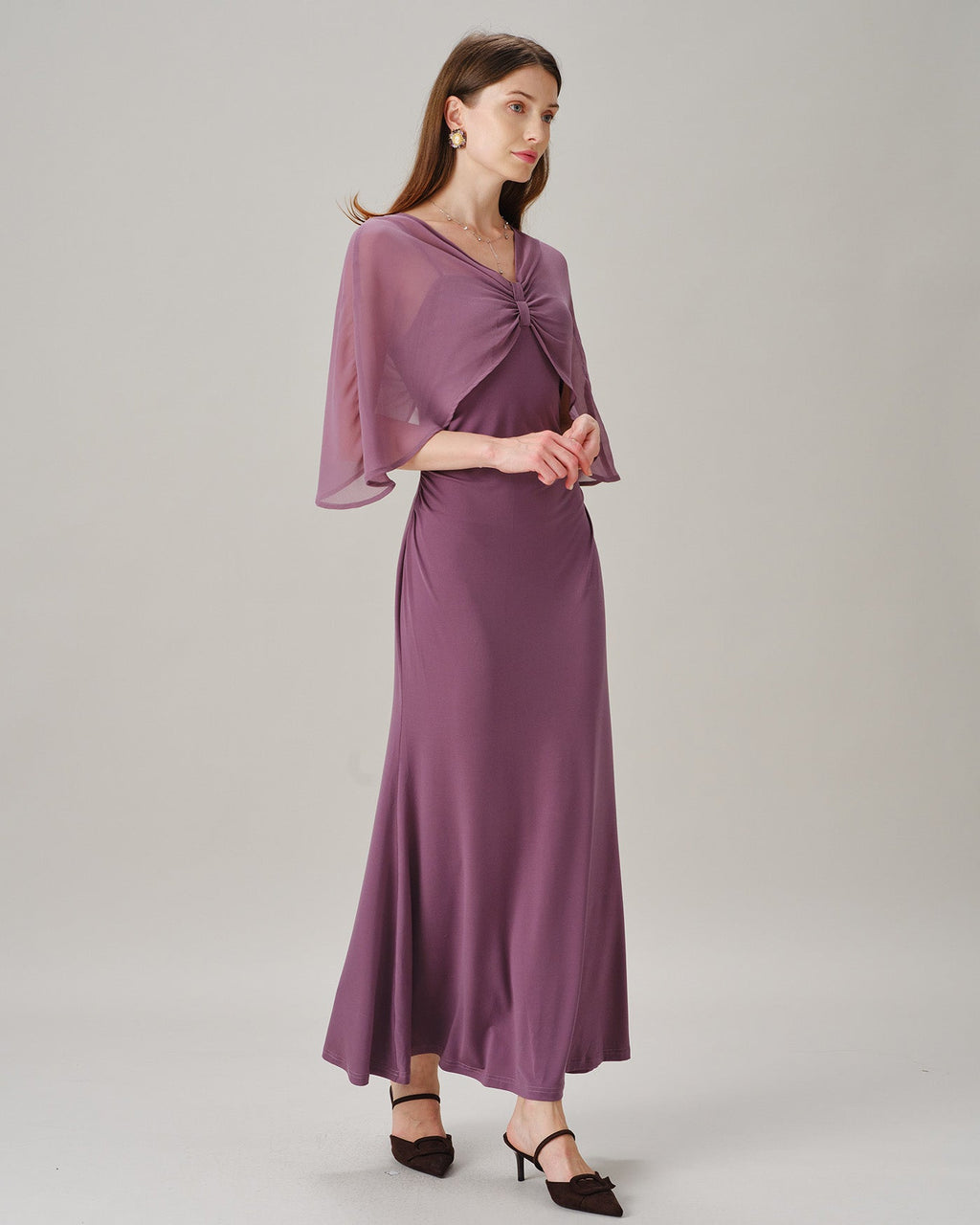 Purple V Neck Tie Chiffon Maxi Dress