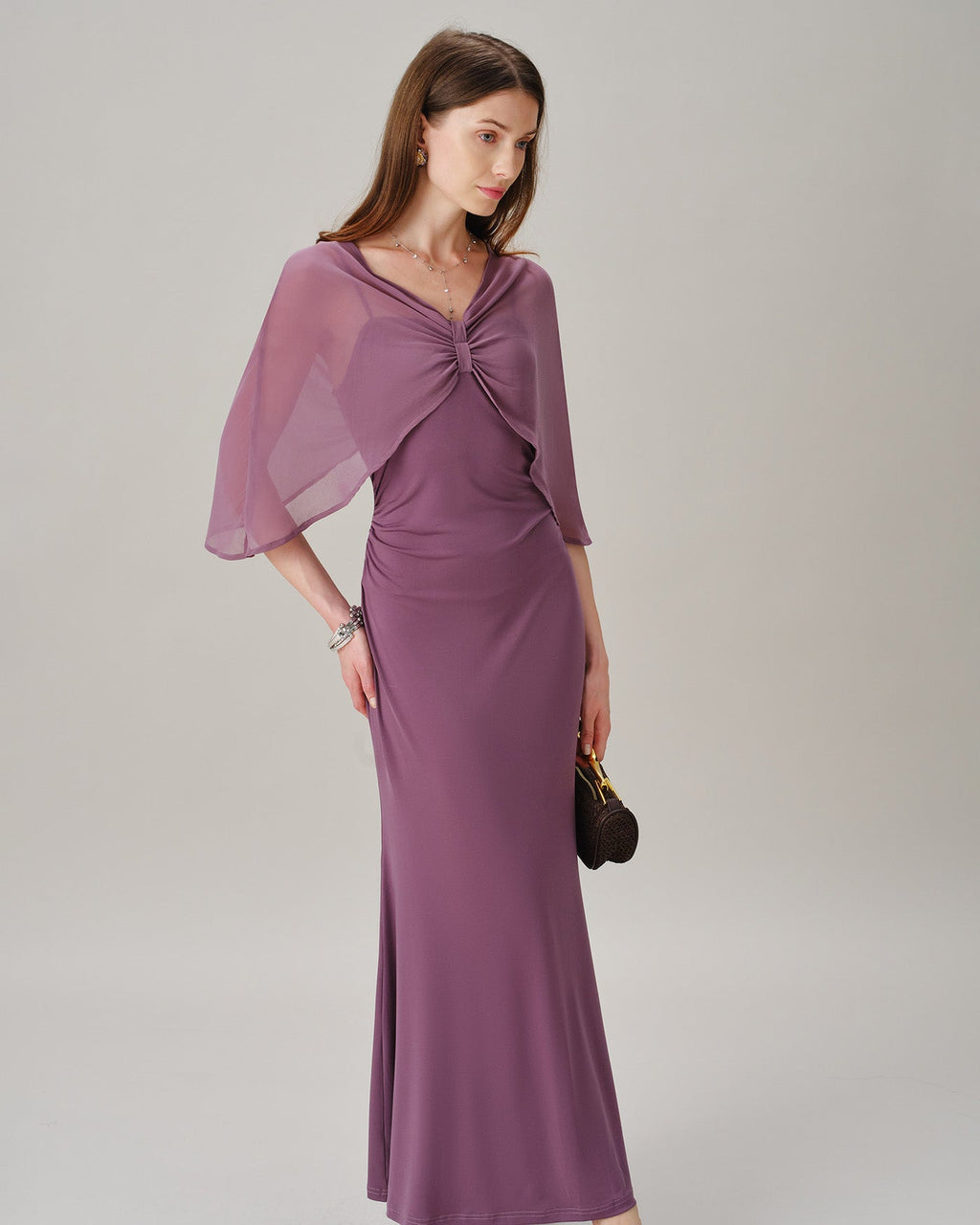 Purple V Neck Tie Chiffon Maxi Dress