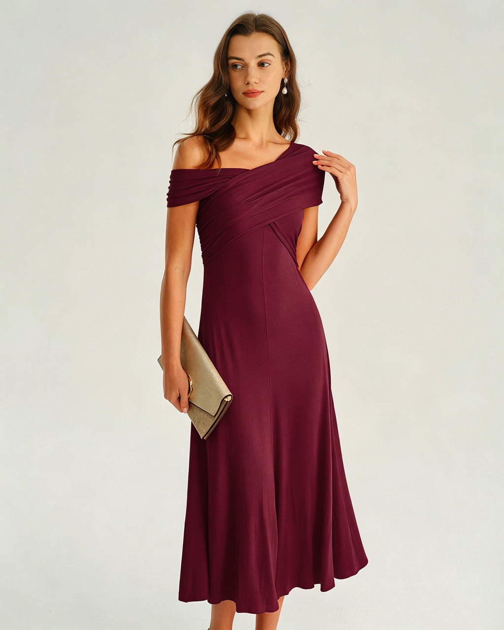 Wine Red One shoulder Ruched Midi Dress