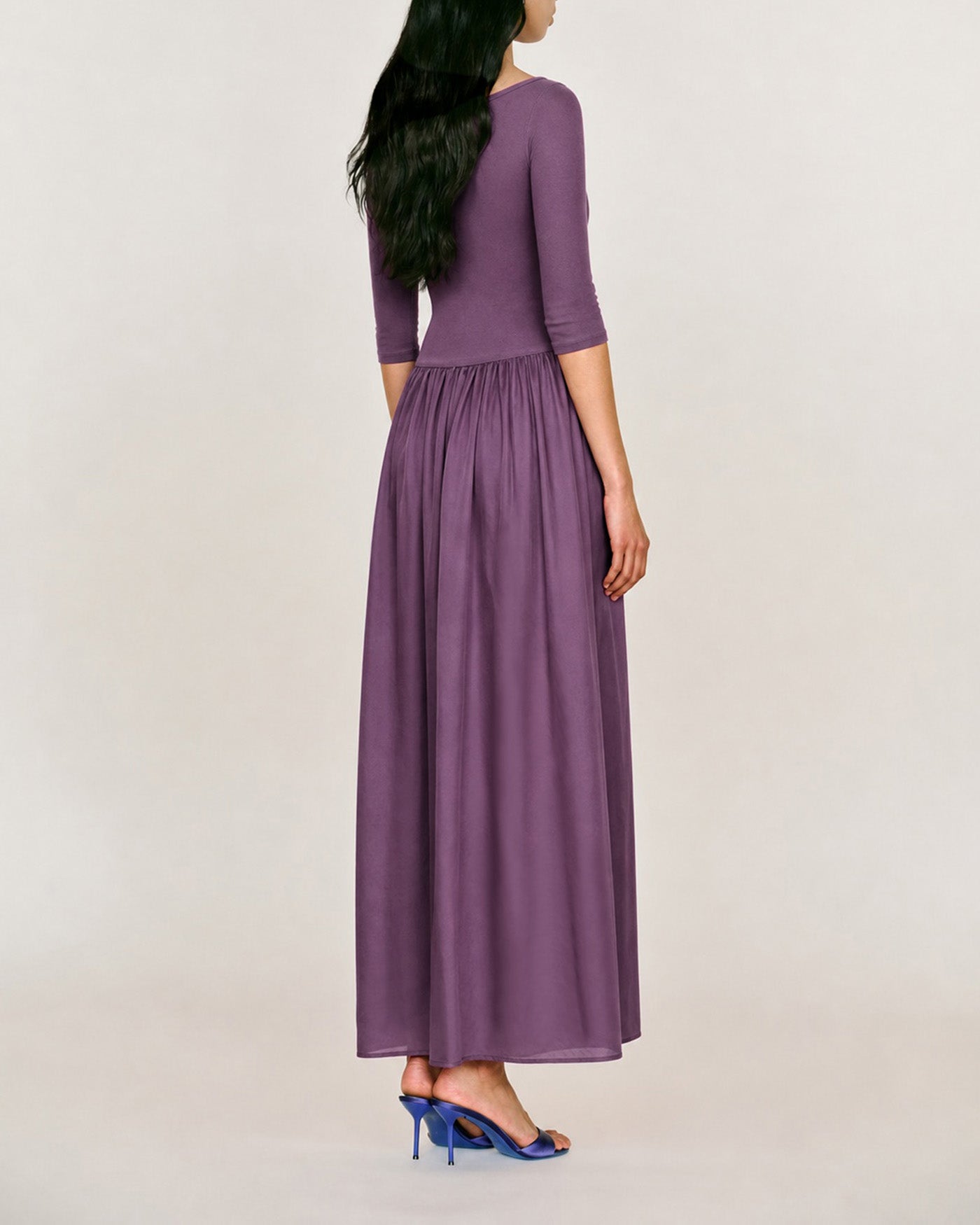 Purple V Neck Ruched A-Line Maxi Dress