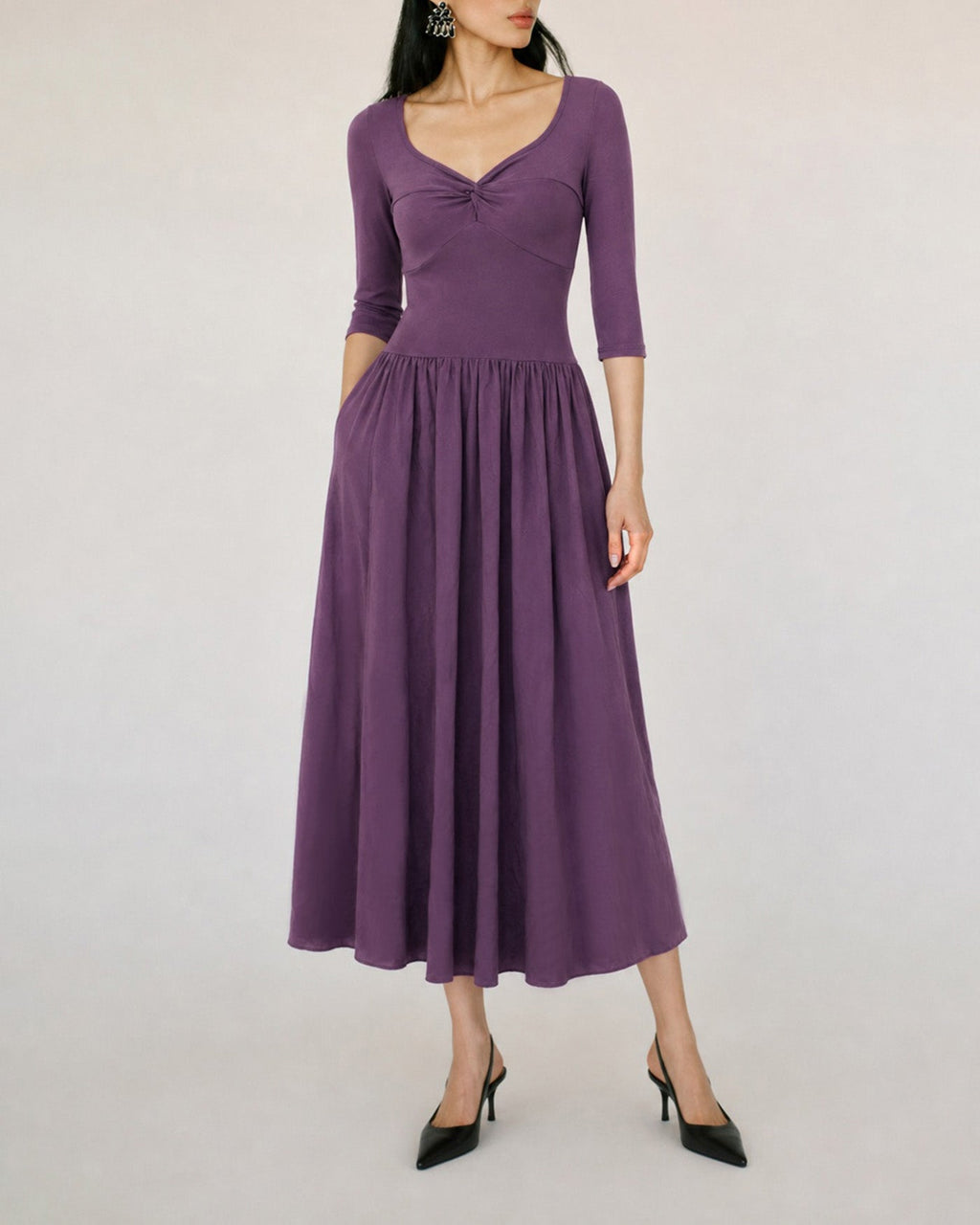Purple V Neck Ruched A-Line Maxi Dress