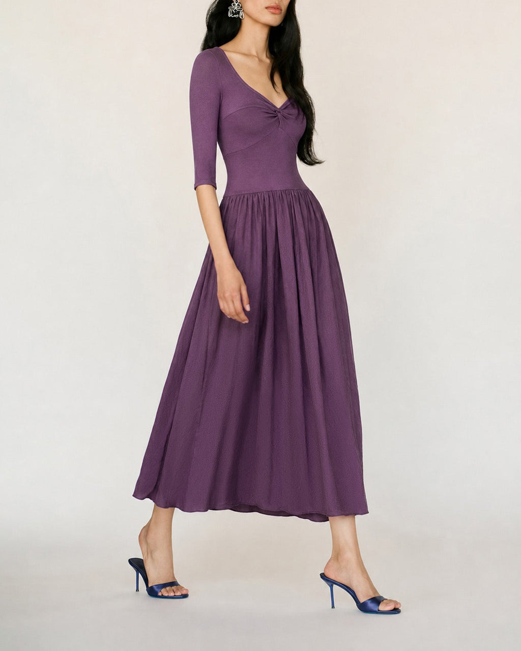 Purple V Neck Ruched A-Line Maxi Dress