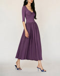 Purple V Neck Ruched A-Line Maxi Dress