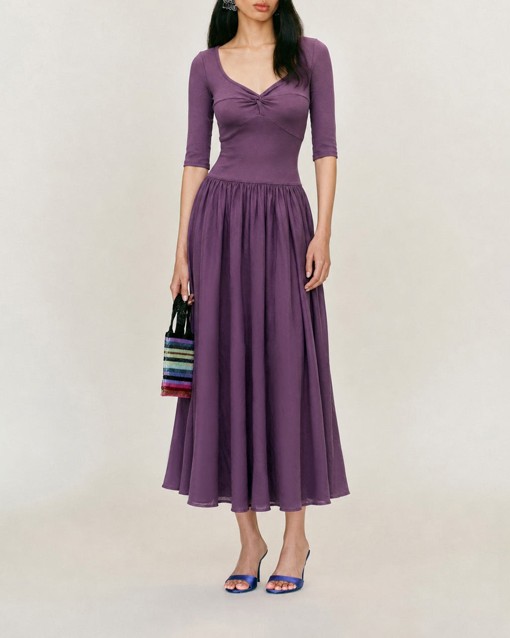 Purple V Neck Ruched A-Line Maxi Dress