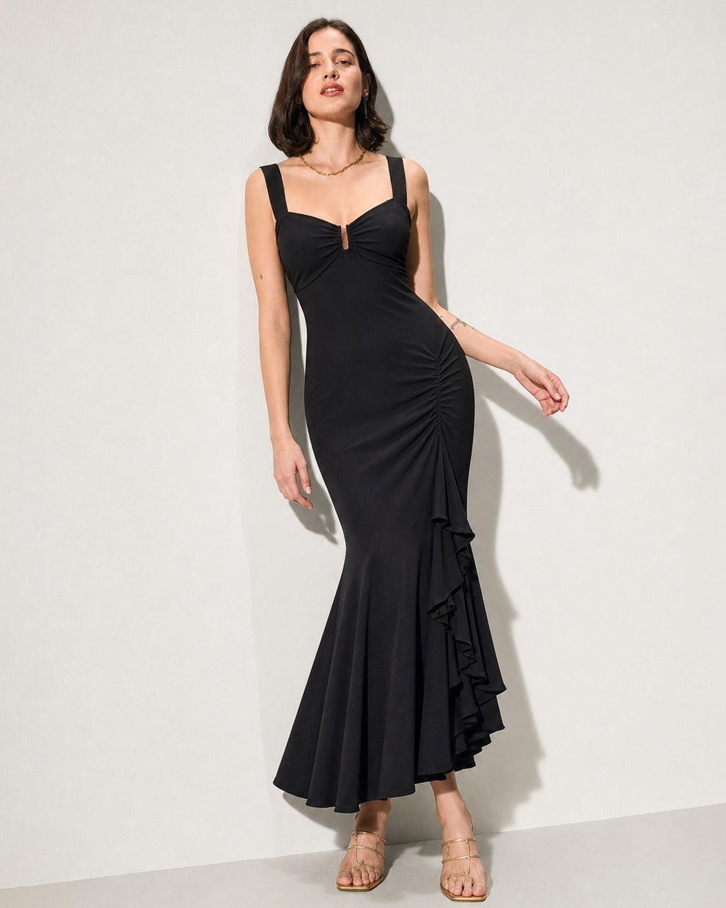 Black Sweetheart Neck Slit Ruffle Maxi Dress