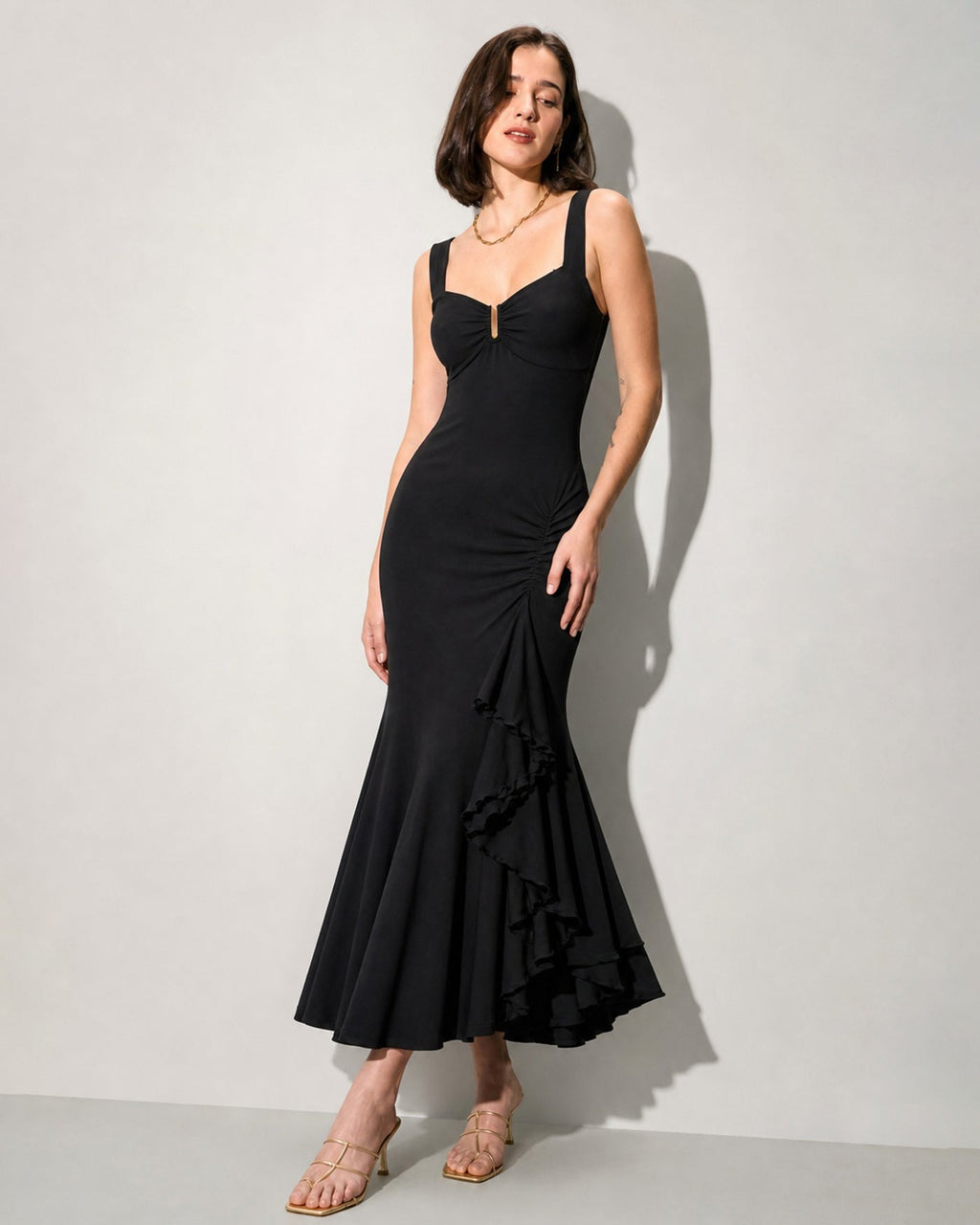 Black Sweetheart Neck Slit Ruffle Maxi Dress