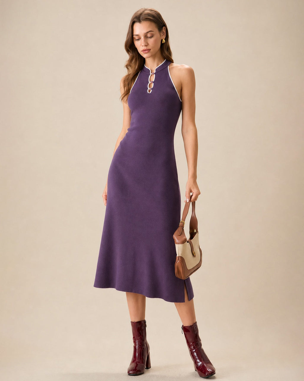 Purple Mandarin Collar Slit Mermaid Midi Dress