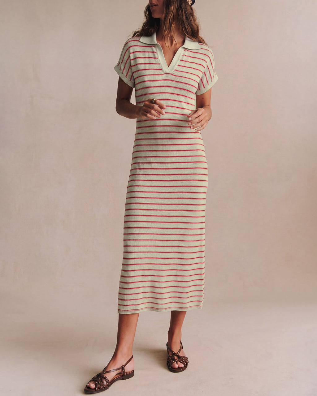 Camel V Neck Striped Midi Sweater Dress