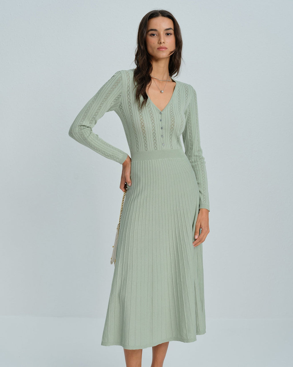 Green V Neck Viscose Sweater Dress