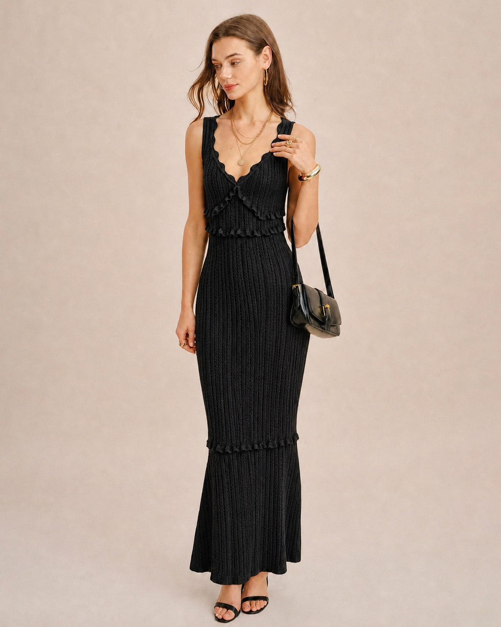 Black V Neck Mermaid Sweater Maxi Dress