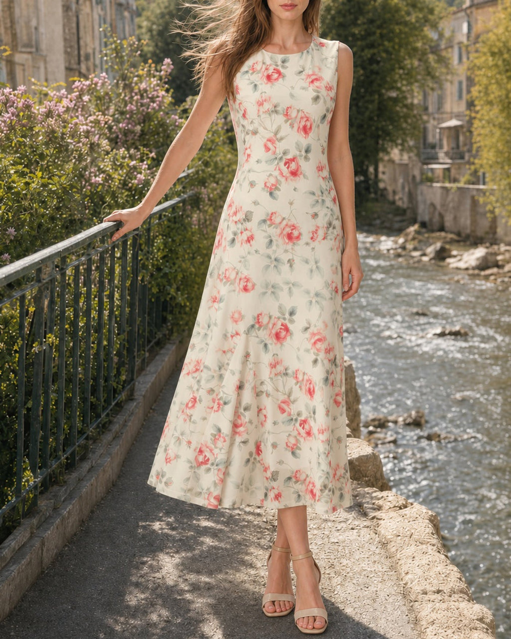 Pink Round Neck Sleeveless Floral Maxi Dress