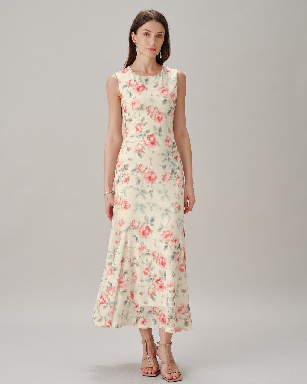 Pink Round Neck Sleeveless Floral Maxi Dress