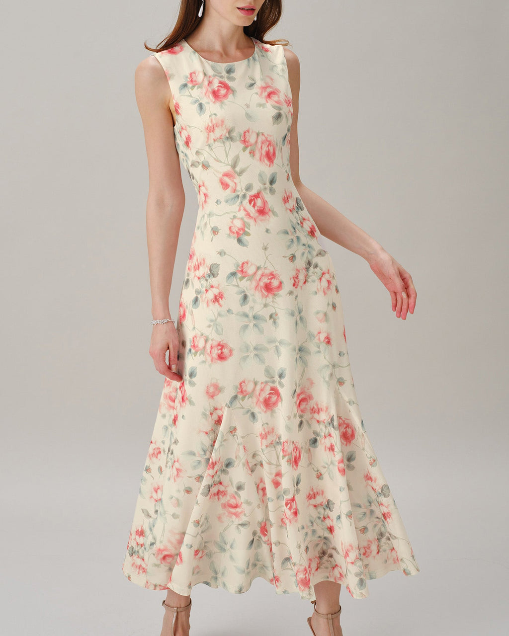 Pink Round Neck Sleeveless Floral Maxi Dress