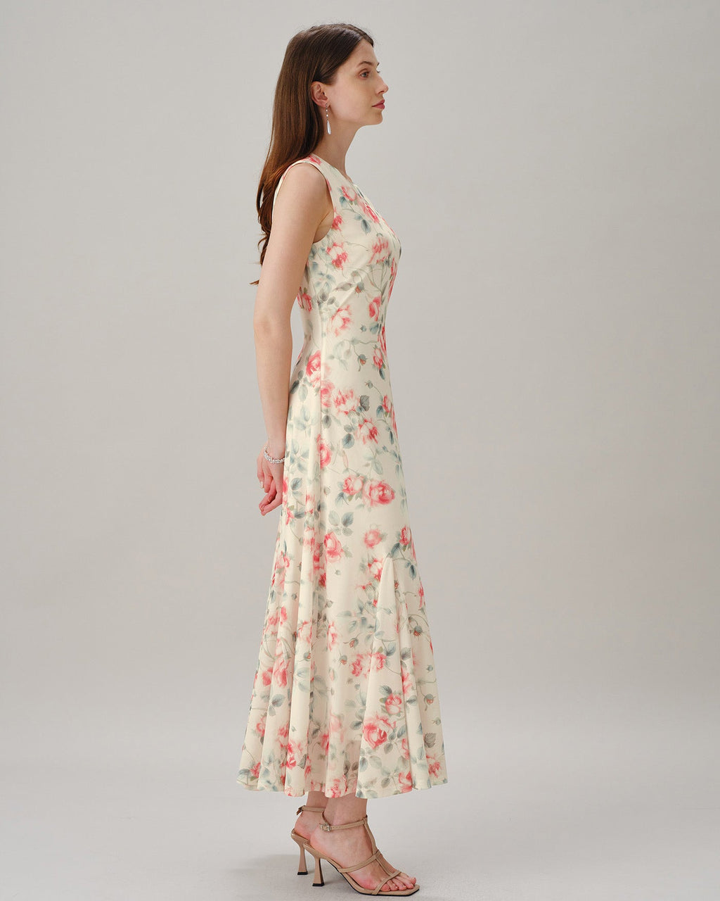 Pink Round Neck Sleeveless Floral Maxi Dress