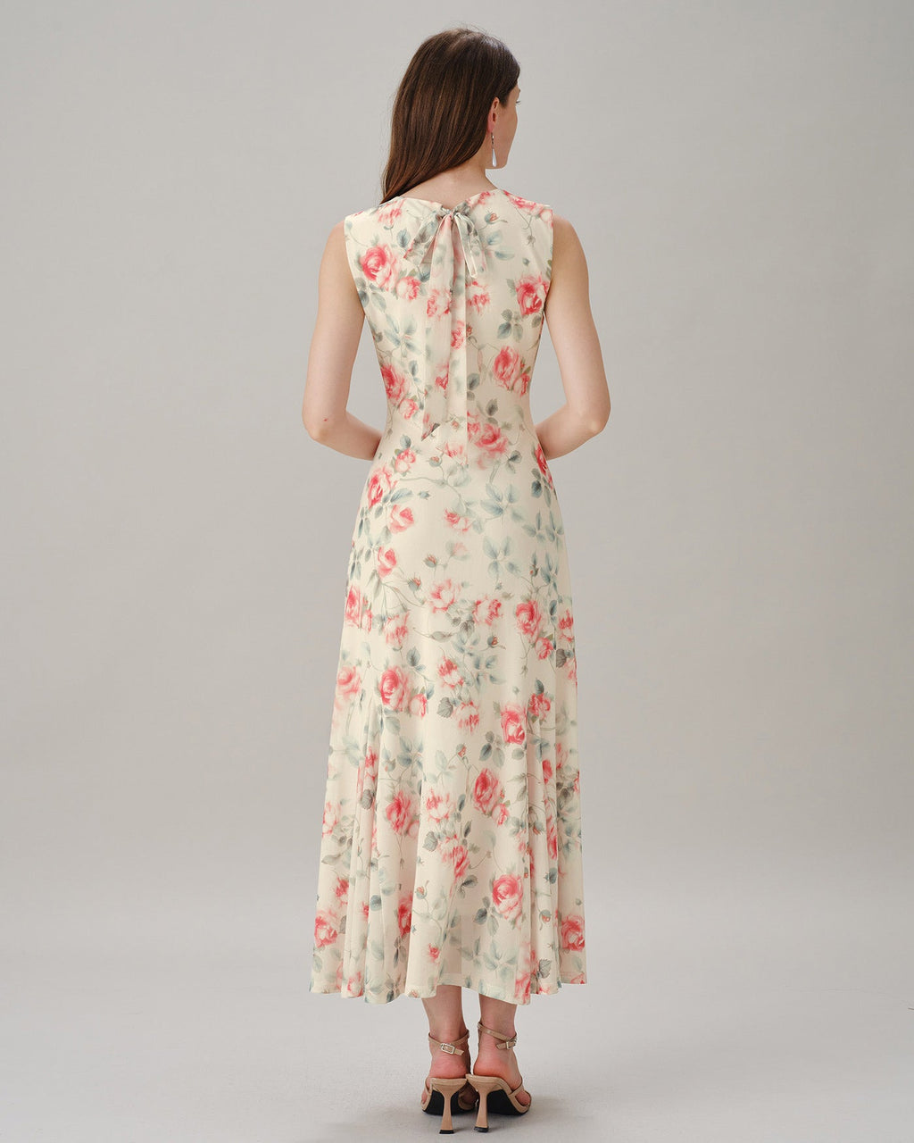 Pink Round Neck Sleeveless Floral Maxi Dress