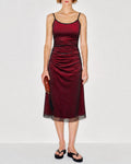 Wine Red Ruched Slip A-Line Midi Dress