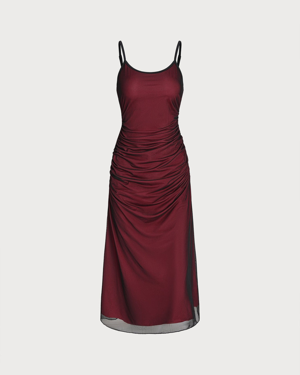 Wine Red Ruched Slip A-Line Midi Dress