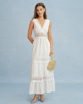 White V Neck Splicing Tie Maxi Dress
