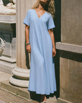 Blue Solid V Neck Pockets Midi Dress
