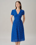 Blue V Neck Puffed Sleeve Slit Midi Dress