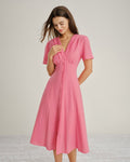 Pink V Neck Ruched Button Midi Dress