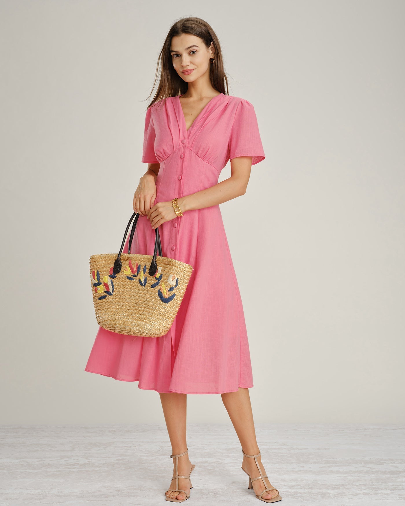 Pink V Neck Ruched Button Midi Dress