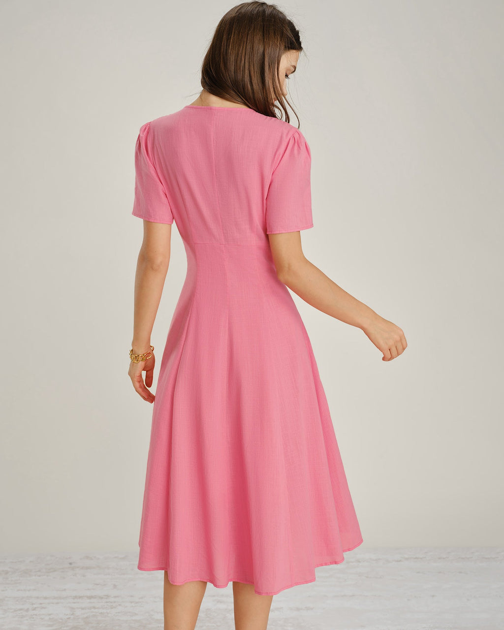 Pink V Neck Ruched Button Midi Dress