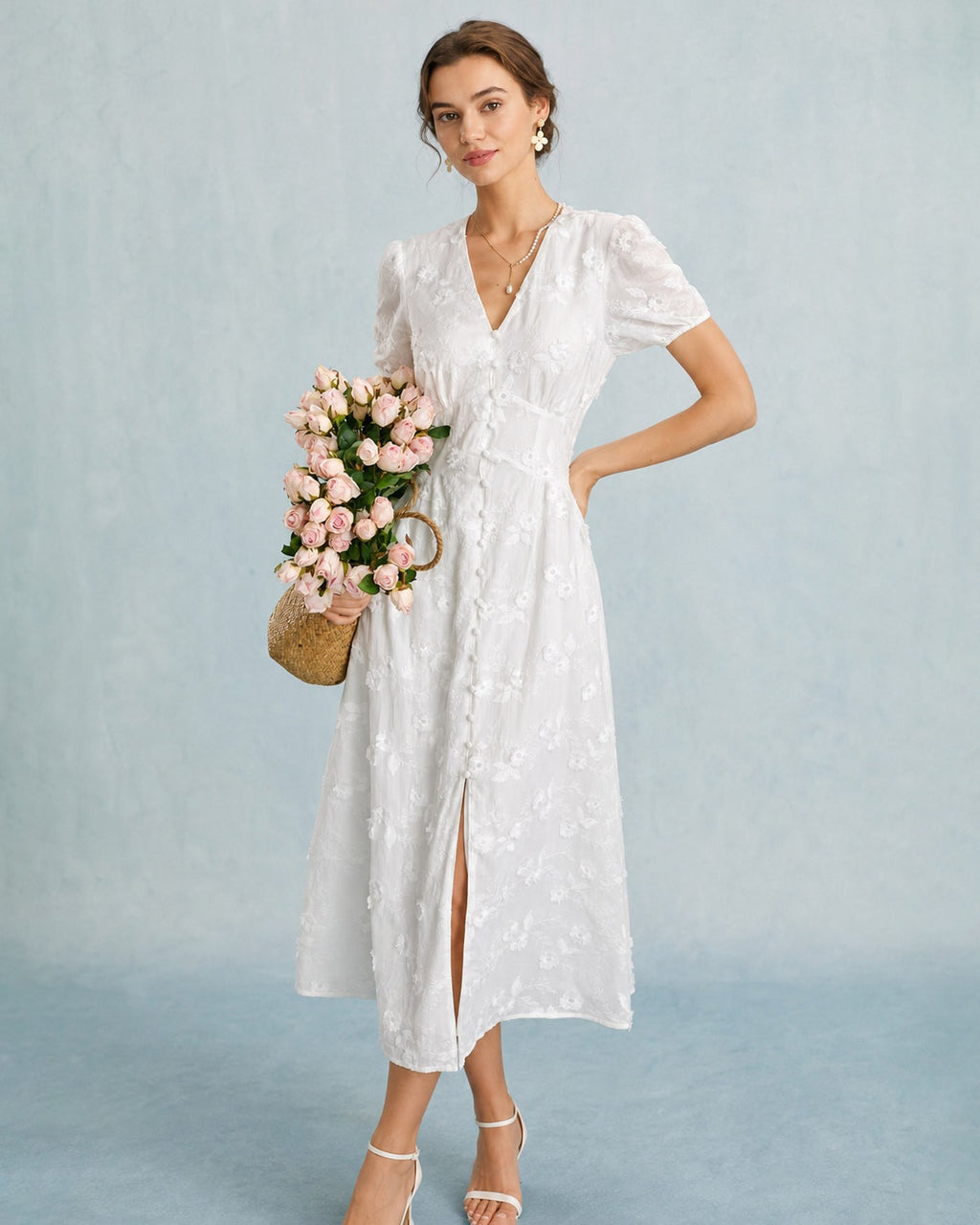 White Puffed Sleeve Embroidery Midi Dress