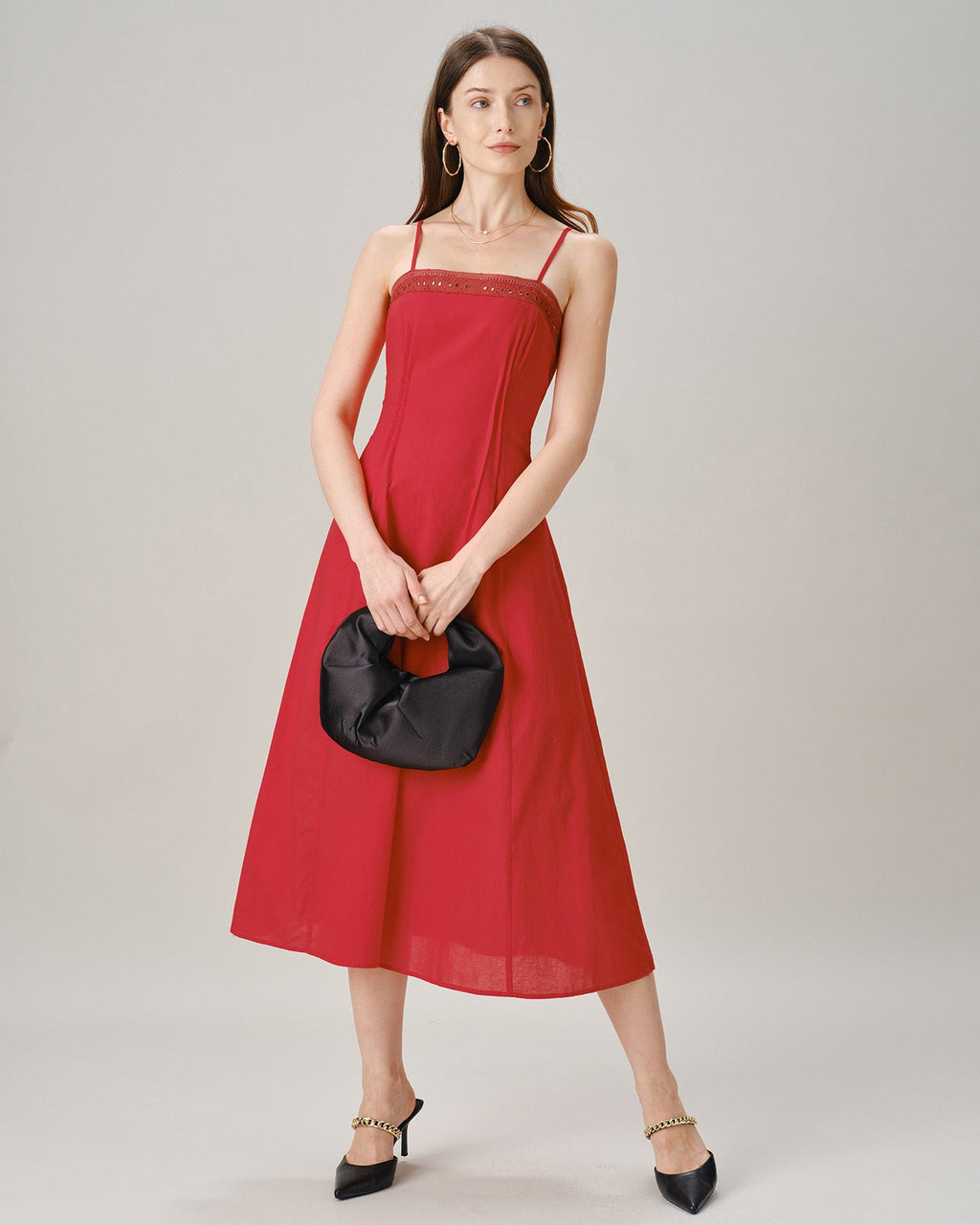 Red Square Neck Lace A-Line Midi Dress