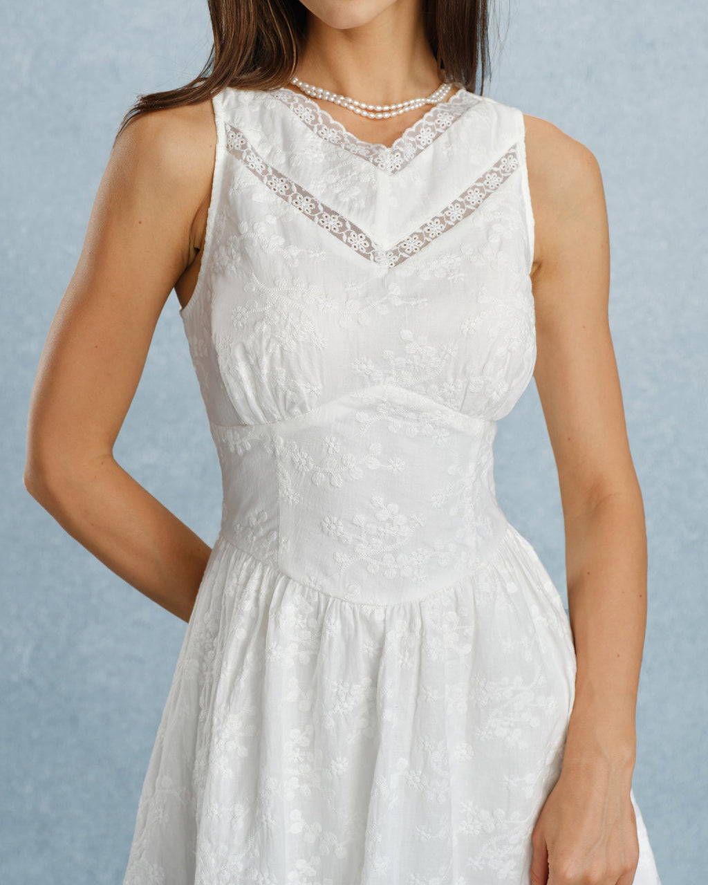 White V Neck Lace Embroidery Mini Dress