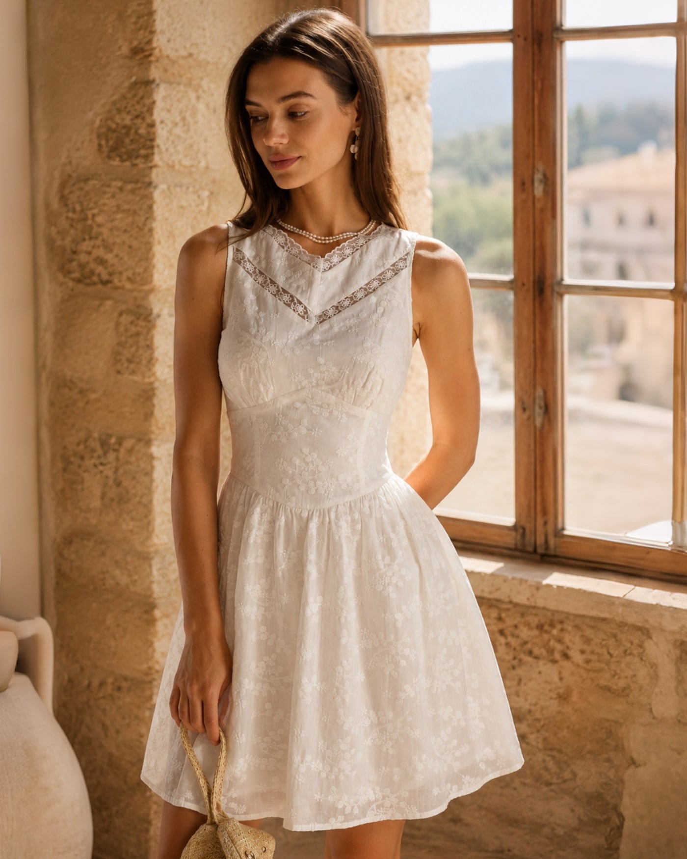 White V Neck Lace Embroidery Mini Dress