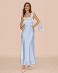 Blue Square Neck Flowy Satin Maxi Dress