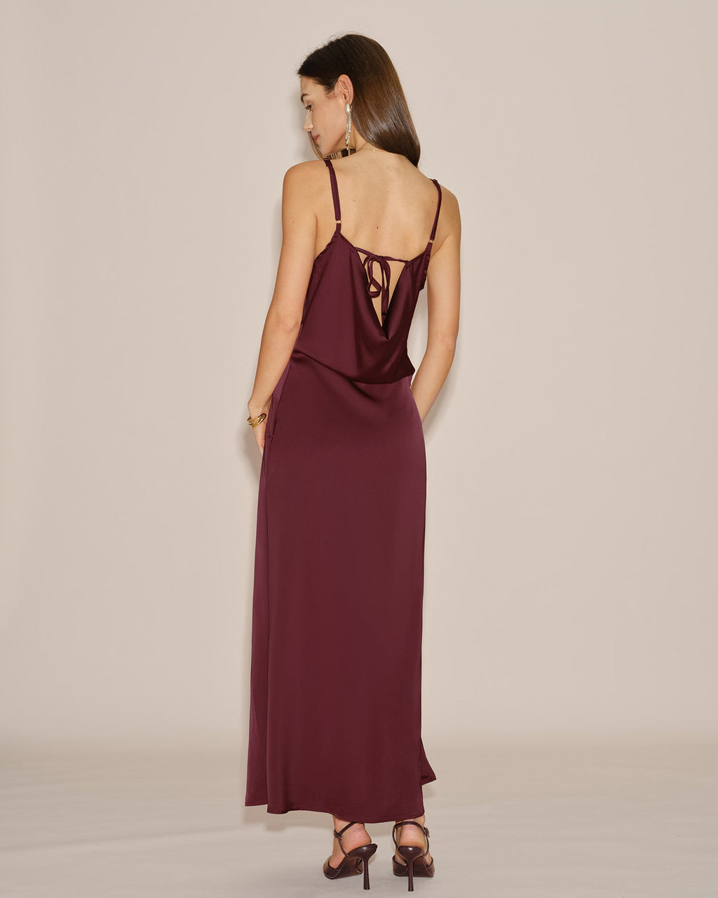 Wine Red Solid Tie Slip Maxi Dress