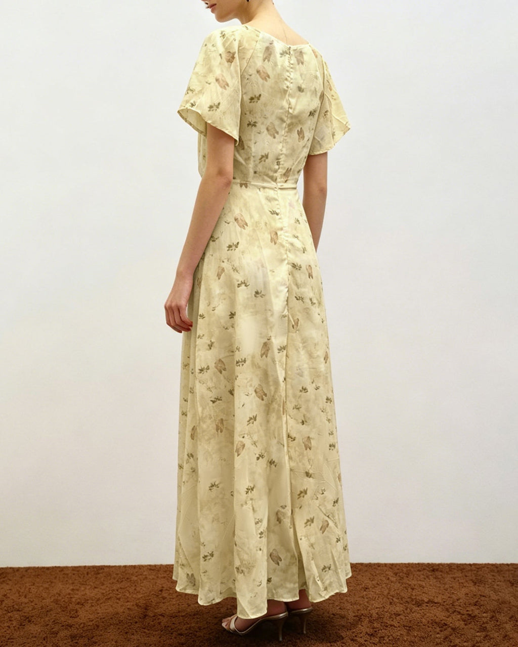 Yellow V Neck Ruched Floral Maxi Dress