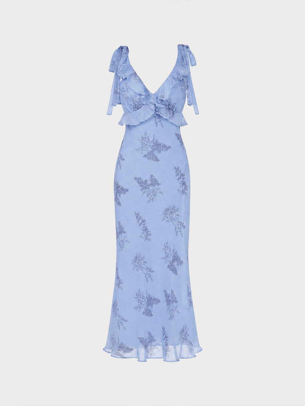 Blue Floral Ruffle Tie Strap Maxi Dress