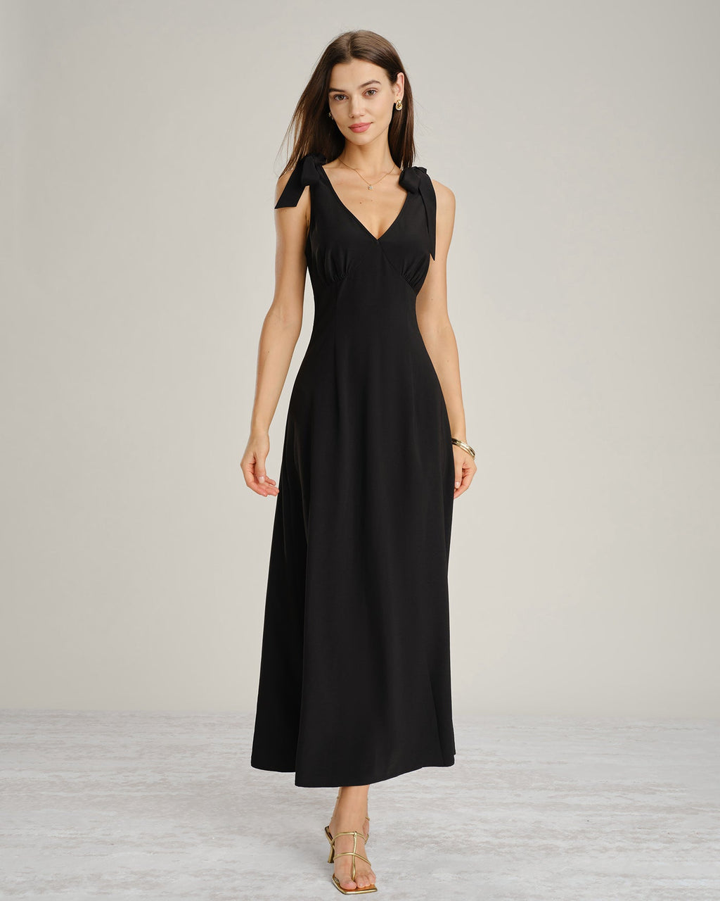 Black Solid Tie Strap A-Line Maxi Dress