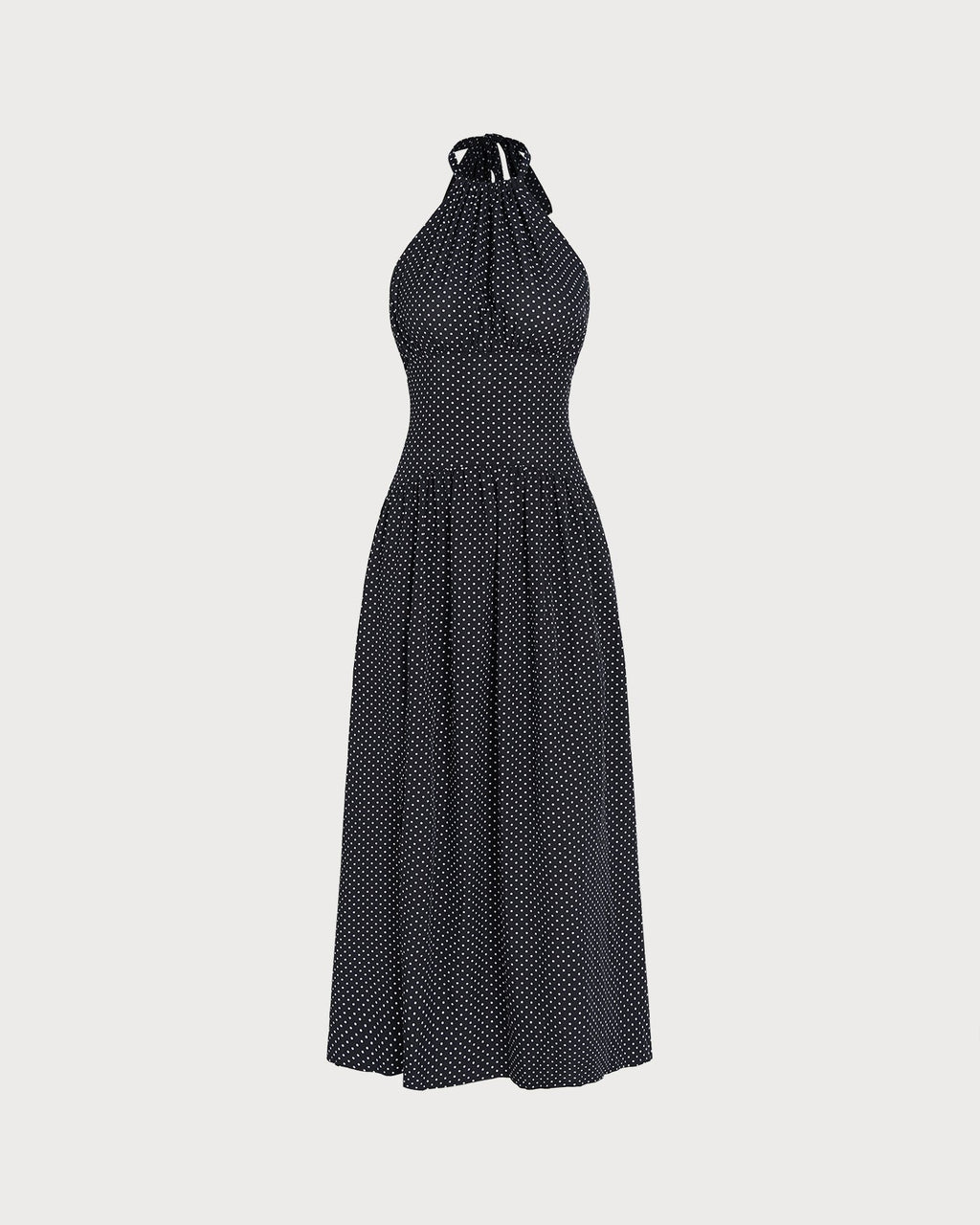 Black Halter Tie Polka Dot Maxi Dress