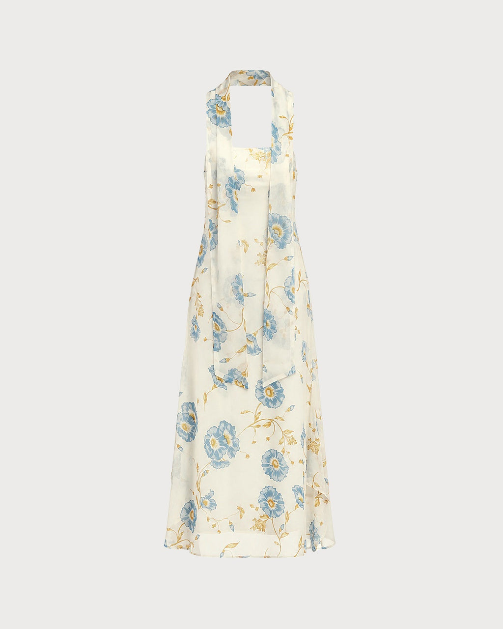 Beige Floral Tie Chiffon Maxi Dress