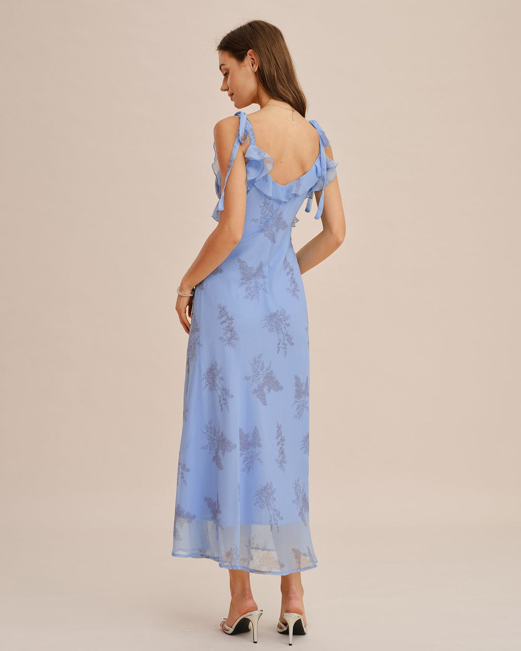 Blue Floral Ruffle Tie Strap Maxi Dress
