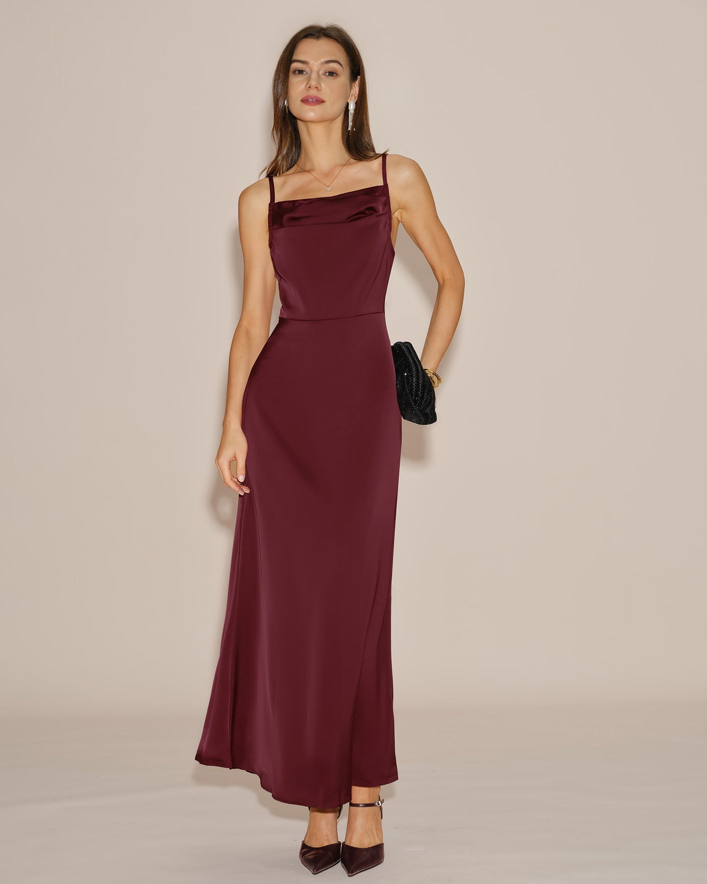Wine Red Solid Tie Slip Maxi Dress