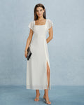 Beige Square Neck Slit Chiffon Maxi Dress