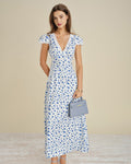 Blue Cap Sleeve Lace Floral Maxi Dress